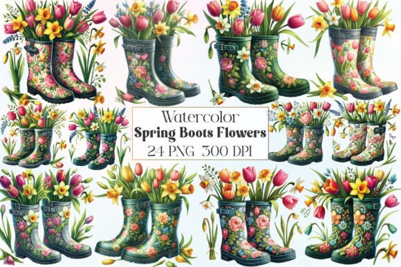 Download Watercolor Spring Boots Flowers Clipart - Spring boots Collection
