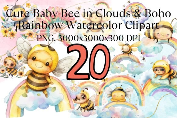 Download Cute Bee Boho Rainbow Watercolor Clipart - Premium Resources