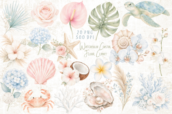 Download Watercolor Coastal Floral Clipart PNG - Coastal Collection